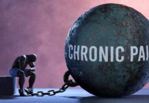 Invisible Pain Gets HARD Proof A figure representing chronic pain, sitting beside a large ball labeled 'CHRONIC PAIN' chained to their body