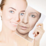 The Invisible Aging Culprit A woman holding a photo showing her younger and older self