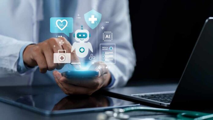 shutterstock_2751854555.jpg Healthcare professional interacting with a smartphone displaying health-related icons