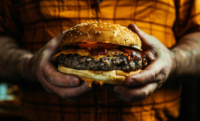 shutterstock2453418597jpg A person holding a large cheeseburger with lettuce, tomato, and condiments