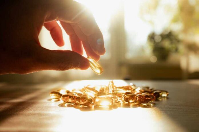 A,Man's,Hand,Reaching,For,Yellow,Transparent,Vitamin,D,And A hand reaching for a golden capsule among many on a table