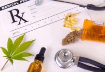 Medical prescription with cannabis, pills, and a stethoscope