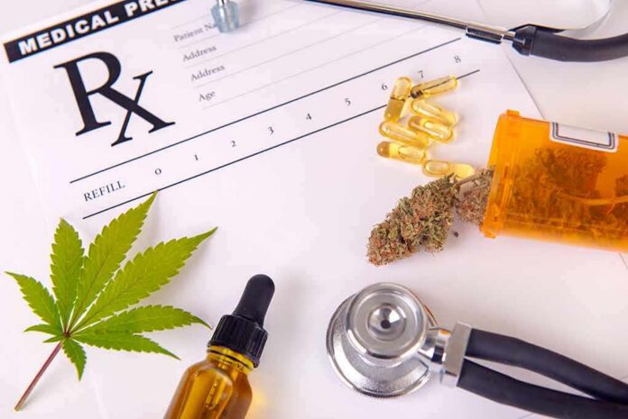 shutterstock_1216024840-1 Medical prescription with cannabis, pills, and a stethoscope