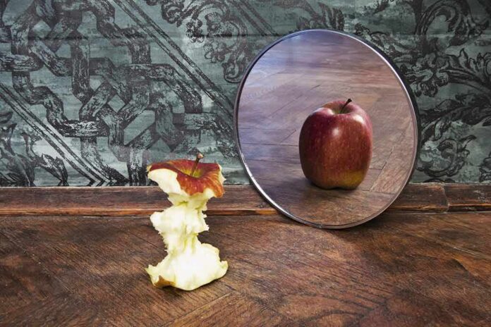 shutterstock_102846443 Apple core facing a mirror showing a whole apple