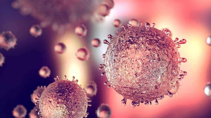 Microscopic view of virus-like particles with spiky surfaces