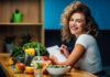 Smiling woman writing in a notebook at a kitchen counter with fresh produce
